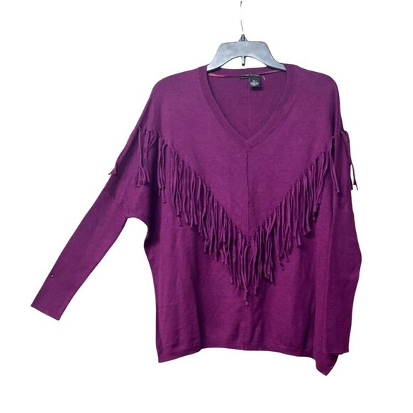 DKNY Fringe Embellished V-neckline Dolman Sweater, Purple, S - Picture 3 of 13